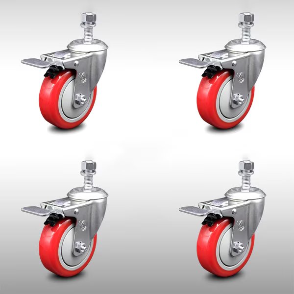 4 Inch SS Red Polyurethane ½ Inch Threaded Stem Caster Set Total Lock Brake, Service Caster, Mfr#: SCC-SSTSTTL20S414-PPUB-RED-121315-4